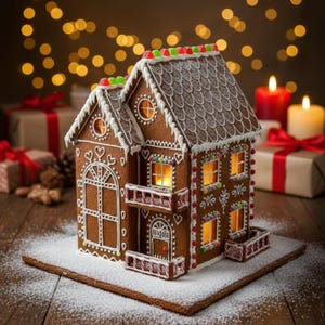 Può includere: Una dettagliata casa di pan di zenzero con dettagli di glassa bianca, caramelle rosse e verdi e un tetto di tegole. La casa ha finestre illuminate, un balcone ed è posta su una base innevata. Tema natalizio e festivo.