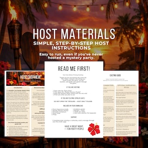 Op de afbeelding: Promotieafbeelding voor een Hawaiiaans moordmysteriefeest. De afbeelding bevat de tekst "Host Materials" en "Simple, Step-by-Step Host Instructions". Er staan ook instructies voor het hosten en spelen van het spel, plus een castinggids.