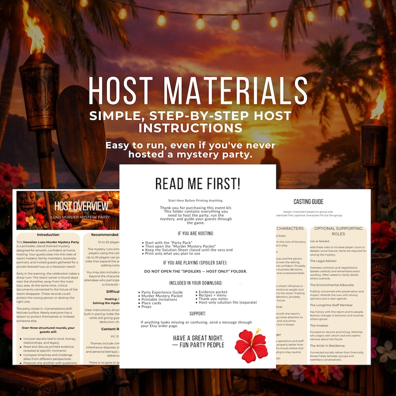 Op de afbeelding: Promotieafbeelding voor een Hawaiiaans moordmysteriefeest. De afbeelding bevat de tekst "Host Materials" en "Simple, Step-by-Step Host Instructions". Er staan ook instructies voor het hosten en spelen van het spel, plus een castinggids.