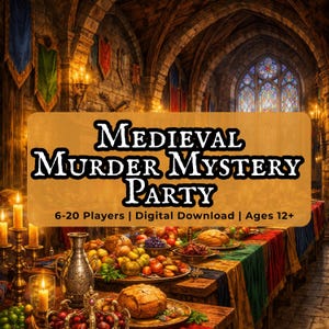 Puede incluir: Imagen de un salón de banquetes medieval con una mesa llena de comida. El texto "Medieval Murder Mystery Party" se muestra en una pancarta dorada. La imagen también incluye el texto "6-20 Players | Digital Download | Ages 12+".