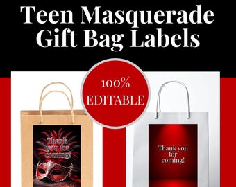 Etiquetas para bolsas de regalo de fiesta de disfraces, decoración para adolescentes en blanco, negro y rojo (descarga en PDF imprimible)