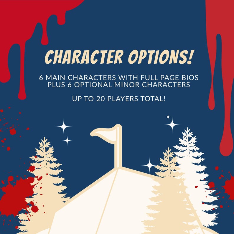 May include: A navy blue graphic with the text "CHARACTER OPTIONS!" and information about character bios and player count. The design includes a circus tent, trees, stars, and red paint drips.
