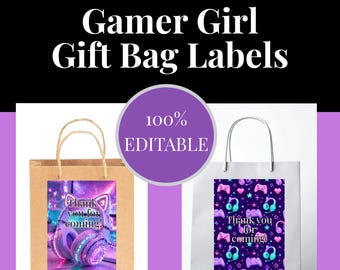 Gamer Girl Gift Bag Labels, Pastel Neon, Printable Party Favors (Digital Download)