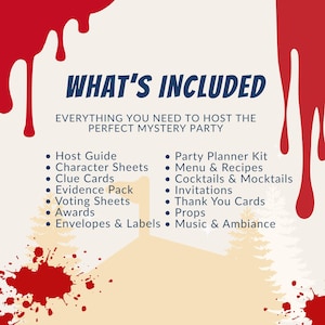 May include: A cream-colored graphic with red blood splatter and the text "WHAT'S INCLUDED". The image lists items for a mystery party, including a host guide, character sheets, clue cards, and invitations.