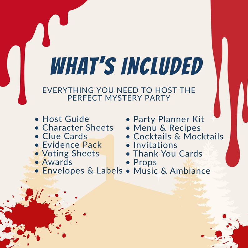 May include: A cream-colored graphic with red blood splatter and the text "WHAT'S INCLUDED". The image lists items for a mystery party, including a host guide, character sheets, clue cards, and invitations.