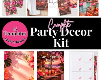 Pink Luau Party Decor Kit, Editable Canva Templates (Printable Digital Download)