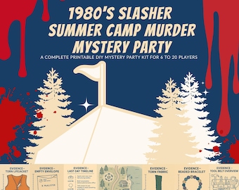 Jaren 80 Slasher Murder Mystery Party, Summer Camp Murder Mystery Game, afdrukbare pdf, digitale download, 6–26 spelers