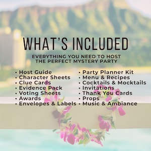Op de afbeelding: Afbeelding toont tekst "WAT IS INBEGREPEN" en een lijst met items voor een mysteriefeest, waaronder een hostgids, personagebladen, aanwijskaarten en uitnodigingen. Een bloemenkrans staat op de voorgrond met een vage bergachtergrond.