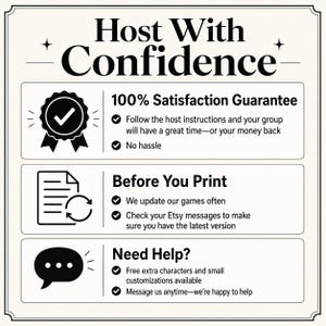 Op de afbeelding: Cr&egrave;mekleurige afbeelding met de tekst "Host With Confidence". Het bevat secties over een tevredenheidsgarantie, afdrukinstructies en hulpopties. Het ontwerp bevat pictogrammen en opsommingstekens voor gemakkelijke leesbaarheid.