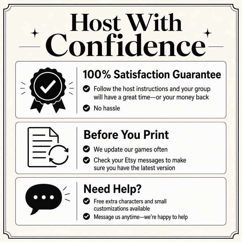 Op de afbeelding: Cr&egrave;mekleurige afbeelding met de tekst "Host With Confidence". Het bevat secties over een tevredenheidsgarantie, afdrukinstructies en hulpopties. Het ontwerp bevat pictogrammen en opsommingstekens voor gemakkelijke leesbaarheid.