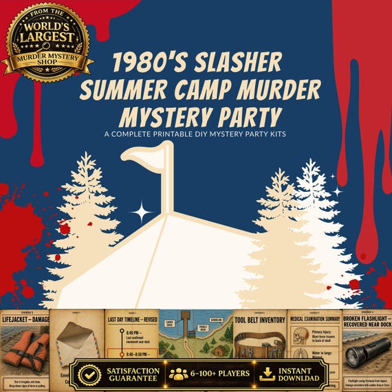 1980s Slasher Murder Mystery Party Game, Summer Camp Murder Mystery, Horror Mystery Party, Adult Mystery Dinner Party Game, Whodunit Game
