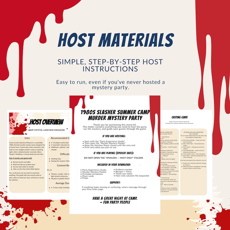 May include: A promotional image for a murder mystery party kit. The image features text that reads "Host Materials" and "1980s Slasher Summer Camp Murder Mystery Party." The image includes instructions and a casting guide.