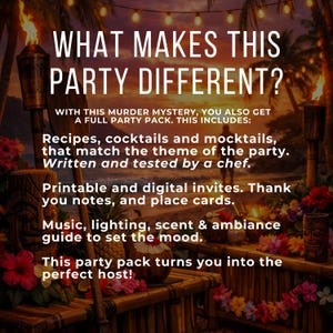 Op de afbeelding: Een advertentie voor een feestpakket met de tekst "WAT MAAKT DIT FEEST ANDERS?" Het pakket bevat recepten, cocktails, mocktails, uitnodigingen, notities, plaatskaarten en een gids om de sfeer te bepalen. De achtergrond bevat tiki-fakkels en tropische bloemen.