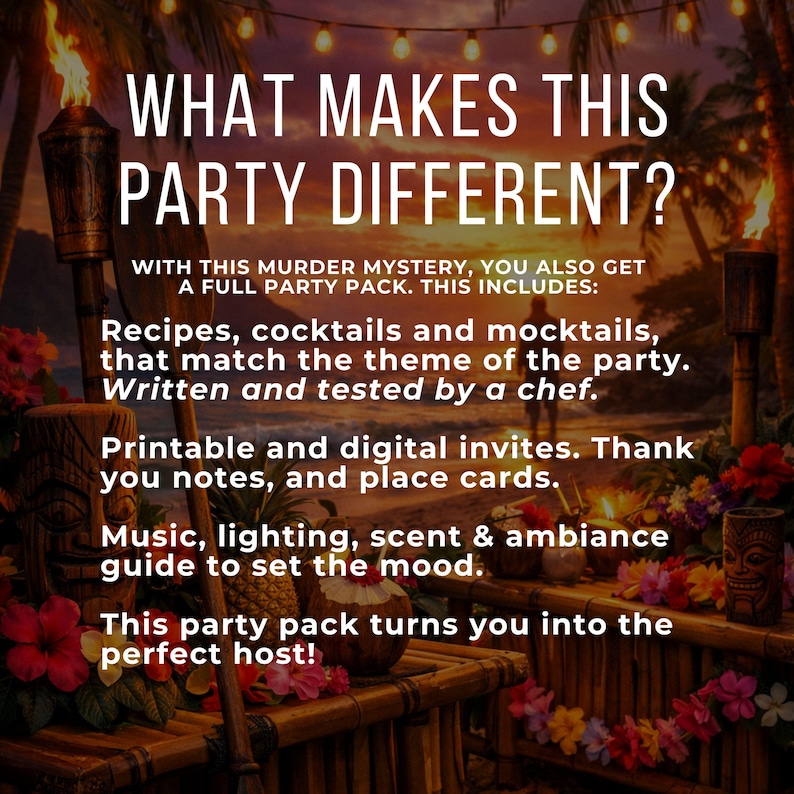 Op de afbeelding: Een advertentie voor een feestpakket met de tekst "WAT MAAKT DIT FEEST ANDERS?" Het pakket bevat recepten, cocktails, mocktails, uitnodigingen, notities, plaatskaarten en een gids om de sfeer te bepalen. De achtergrond bevat tiki-fakkels en tropische bloemen.
