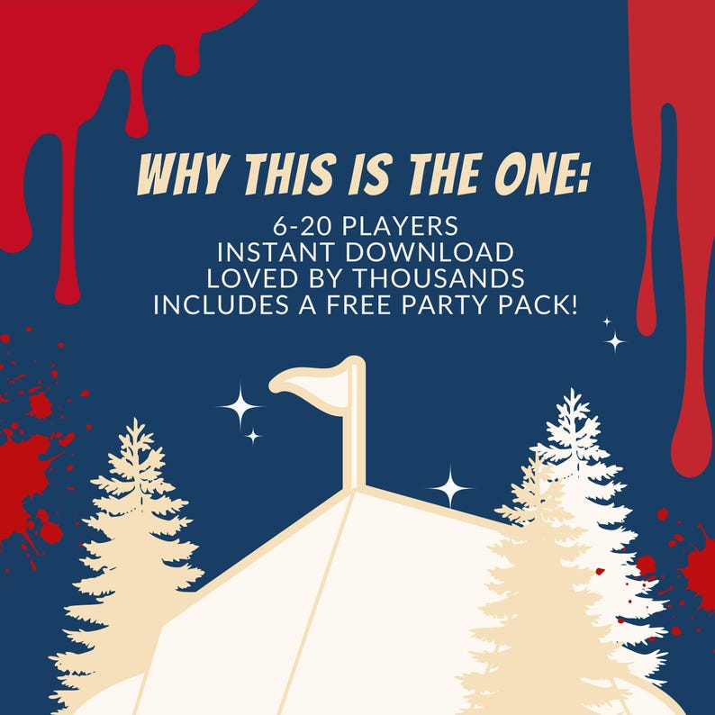 May include: A graphic with the text "WHY THIS IS THE ONE:" and details about a party game. The image features a tent, trees, and stars on a dark blue background with red accents. Text includes "6-20 PLAYERS", "INSTANT DOWNLOAD", and "INCLUDES A FREE PARTY PACK!"