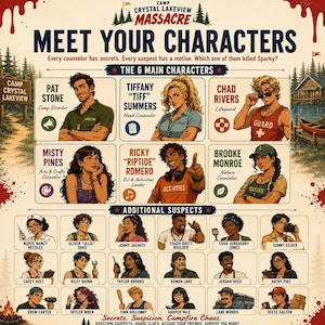 May include: A poster for "Camp Crystal Lake Massacre" with character illustrations. The text reads "Meet Your Characters" and lists counselors and suspects. The poster has a vintage, horror movie theme.