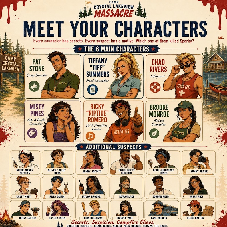 May include: A poster for "Camp Crystal Lake Massacre" with character illustrations. The text reads "Meet Your Characters" and lists counselors and suspects. The poster has a vintage, horror movie theme.