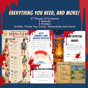 May include: A collection of themed party supplies with the text "EVERYTHING YOU NEED, AND MORE!". Includes guides for 1980s camp attire, a "Summer Camp Murder Mystery" invitation, a "Best Detective Award", and a timeline. The color scheme is dark blue, red, and white.