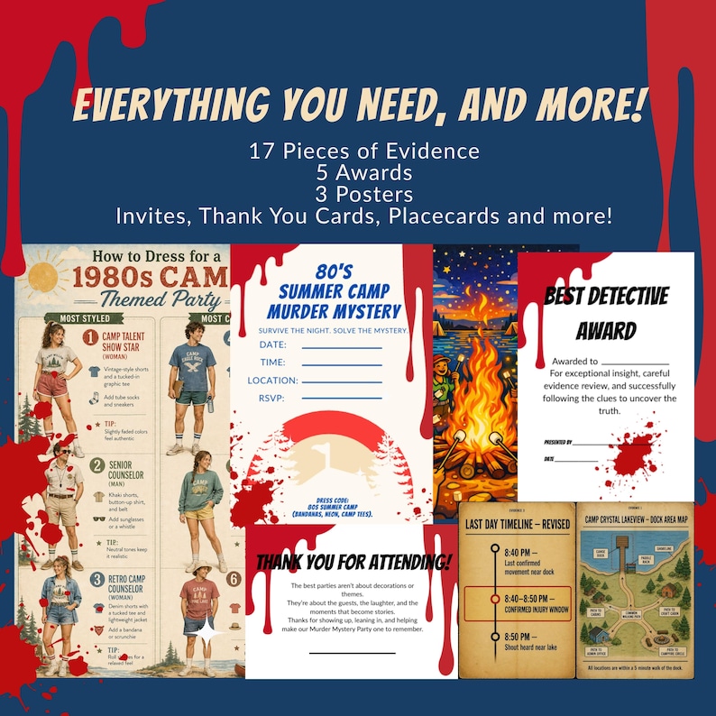 May include: A collection of themed party supplies with the text "EVERYTHING YOU NEED, AND MORE!". Includes guides for 1980s camp attire, a "Summer Camp Murder Mystery" invitation, a "Best Detective Award", and a timeline. The color scheme is dark blue, red, and white.