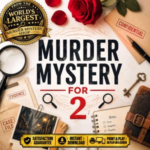 Puede incluir: Un kit de juego de misterio para dos personas con un sello dorado con el texto FROM THE WORLD'S LARGEST MURDER MYSTERY SHOP, una lupa, una rosa roja, un sobre confidencial, un bolígrafo, una llave, un expediente y un cuaderno de notas.
