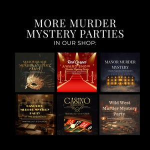 Op de afbeelding: Afbeelding met zes moordmysterie-feestthema's: Maskerade, Red Carpet Award Show, Landhuis, Gangster in de Speakeasy, Casino en Wild West. Elk thema heeft een unieke afbeelding en tekstbeschrijving.