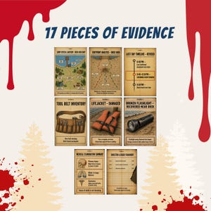 May include: A collection of 9 evidence cards with text, including a map, footprint analysis, and timeline. Other cards show a tool belt, damaged life jacket, and broken flashlight. The title reads "17 Pieces of Evidence."