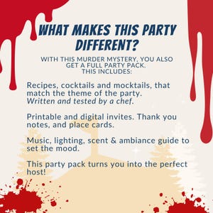 May include: A cream-colored graphic with red accents and text. The text reads "WHAT MAKES THIS PARTY DIFFERENT?" and lists included items like recipes, invites, and a mood guide. The theme is a murder mystery party.