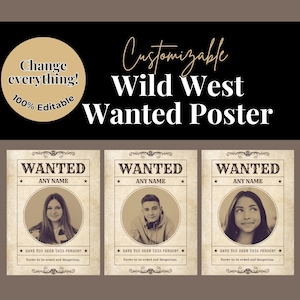 Könnte beinhalten: Ein anpassbares Wild-West-Fahndungsplakat-Design. Das Plakat hat einen Sepia-Ton mit dem Wort "WANTED" oben, Platz für einen Namen und ein Foto. Der Text "Haben Sie diese Person gesehen?" und "Bekannt für bewaffnet und gefährlich" sind ebenfalls enthalten.