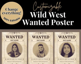 Customizable Wild West Wanted Poster, Western Party Prop (Canva Printable Digital Download