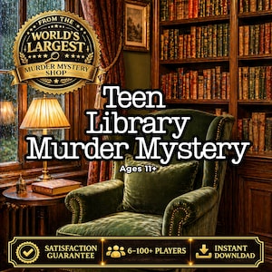 May include: A digital game titled Teen Library Murder Mystery for ages 11+ featuring a gold emblem from the World's Largest Murder Mystery Shop. The graphic displays a green velvet armchair in a library with bookshelves, a lamp, and a table.