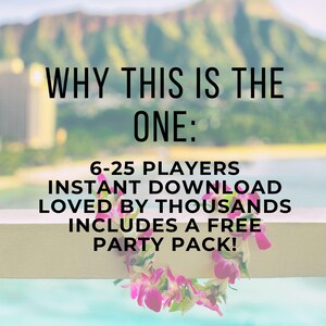 Op de afbeelding: Afbeelding met tekst: "WHY THIS IS THE ONE: 6-25 PLAYERS INSTANT DOWNLOAD LOVED BY THOUSANDS INCLUDES A FREE PARTY PACK!" Een roze en witte bloemenkrans ligt op een witte richel met een vage tropische achtergrond.