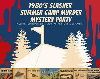 Gioco di delitto misterioso in stile slasher anni '80, gioco di delitto misterioso in un campo estivo, PDF stampabile, download digitale, da 6 a 26 giocatori