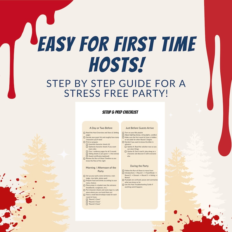 May include: A white checklist with the text "EASY FOR FIRST TIME HOSTS! STEP BY STEP GUIDE FOR A STRESS FREE PARTY!" is displayed. The checklist is divided into sections: "A Day or Two Before", "Morning/Afternoon of the Party", "Just Before Guests Arrive", and "During the Party".