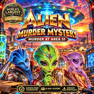 May include: A game box cover titled Alien Murder Mystery: Murder at Area 51 featuring three extraterrestrial characters in blue, green, and purple skin tones. The background shows a desert landscape with a UFO and satellite dishes under a sunset.