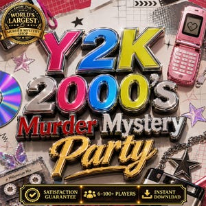 Könnte beinhalten: Ein Y2K 2000's Murder Mystery Party Spielset mit auffälligen, metallischen 3D-Schriftzügen. Das Design enthält ein rosa Klapphandy, eine Kassette mit der Aufschrift Millennium Mix, eine holografische CD und sternförmige Akzente.