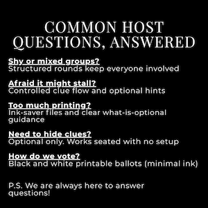 Op de afbeelding: Zwart-wit afbeelding met de tekst "COMMON HOST QUESTIONS, ANSWERED". De tekst behandelt veelvoorkomende zorgen zoals groepsdynamiek, mogelijke stalls, printen, het verbergen van aanwijzingen en stemmethoden.