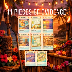 Op de afbeelding: Een kaartspel met elf bewijskaarten, elk met illustraties en tekst. De kaarten zijn gethematiseerd rond een tropische setting, met tiki-fakkels, palmbomen en bloemversieringen. De titel "11 PIECES OF EVIDENCE" wordt bovenaan weergegeven.