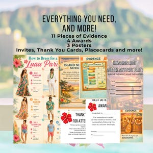 Op de afbeelding: Een kleurrijke Hawaiiaanse Luau-feestkit met uitnodigingen, bewijzen, prijzen en posters. De kit bevat instructies over hoe je je moet kleden voor het feest. De tekst op de afbeelding luidt "Everything you need, and more!"