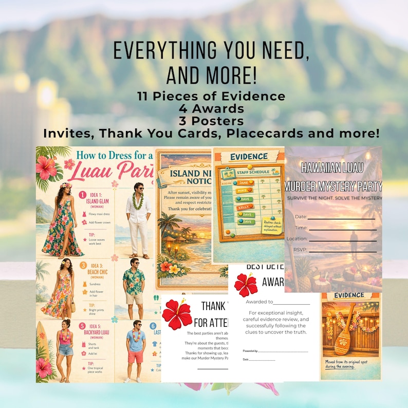 Op de afbeelding: Een kleurrijke Hawaiiaanse Luau-feestkit met uitnodigingen, bewijzen, prijzen en posters. De kit bevat instructies over hoe je je moet kleden voor het feest. De tekst op de afbeelding luidt "Everything you need, and more!"