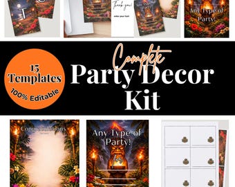 Bewerkbare tiki-feestdecoratieset, tropische luau-borden (digitale download)