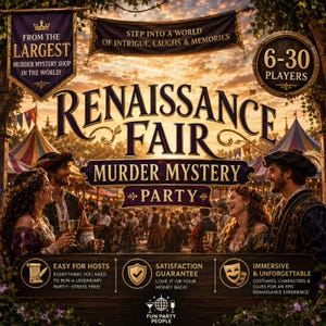 Può includere: Un kit di gioco giallo ambientato in una fiera rinascimentale con uno sfondo di festival al tramonto e persone in costumi d'epoca. Il testo recita Renaissance Fair Murder Mystery Party, 6-30 giocatori e From the Largest Murder Mystery Shop in the World.