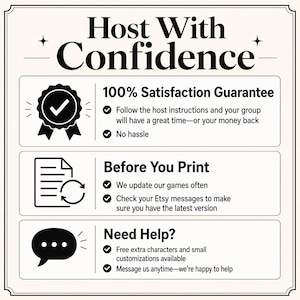 May include: A cream-colored graphic with the text "Host With Confidence." It includes sections on a satisfaction guarantee, printing instructions, and help options. The design features icons and bullet points for easy readability.
