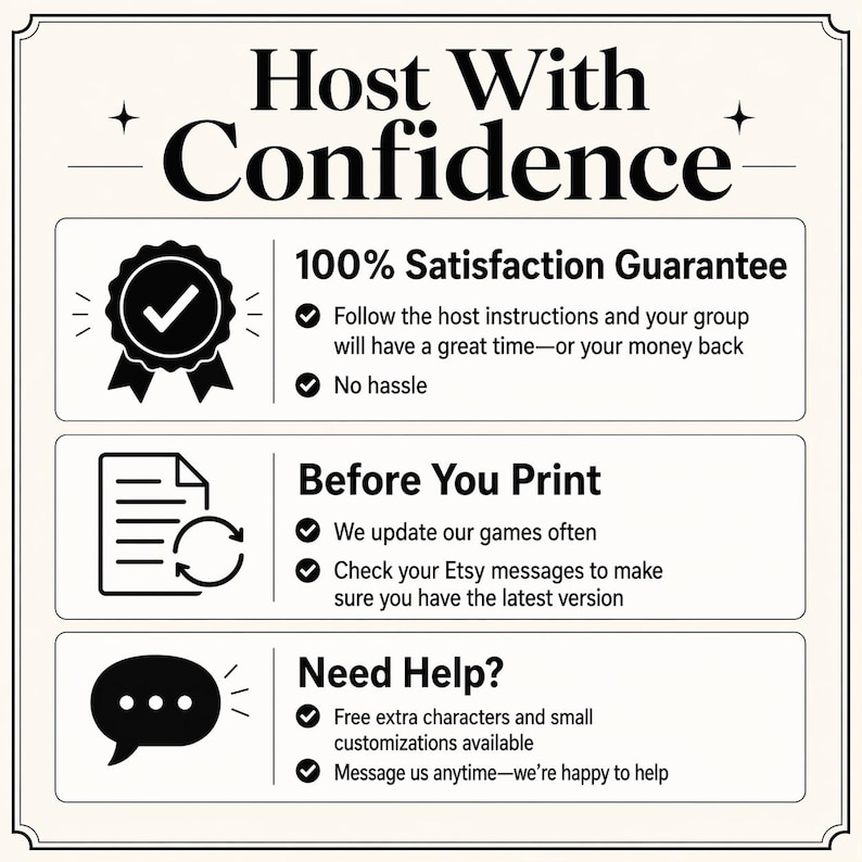 May include: A cream-colored graphic with the text "Host With Confidence." It includes sections on a satisfaction guarantee, printing instructions, and help options. The design features icons and bullet points for easy readability.