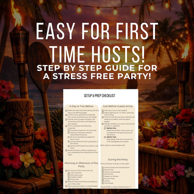 Op de afbeelding: Een stapsgewijze handleiding voor feestorganisatoren. De afbeelding bevat de tekst "EASY FOR FIRST TIME HOSTS! STEP BY STEP GUIDE FOR A STRESS FREE PARTY!" met een checklist voor voorbereiding. De achtergrond bevat tiki-fakkels en tropische bloemen.