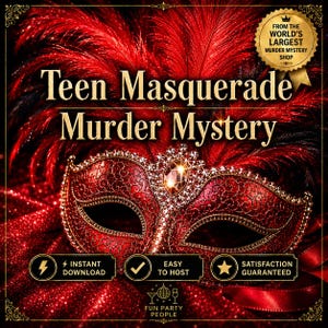 Peut inclure: Un masque de bal masqué rouge avec des motifs dorés complexes et une gemme centrale, sur fond de plumes rouges et de tissu pailleté. Le texte indique : Teen Masquerade Murder Mystery, From The World's Largest Murder Mystery Shop, Instant Download, Easy To Host, Satisfaction Guaranteed.