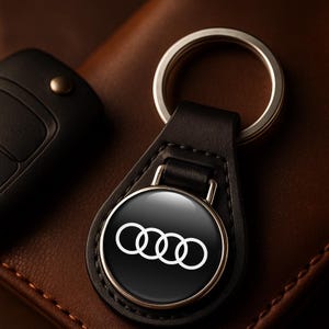 Op de afbeelding: Een zwarte leren sleutelhanger met een rond metalen embleem met het witte Audi-logo met vier ringen. De sleutelhanger heeft een zilverkleurige metalen ring bevestigd aan een gestikt leren lipje dat het ronde logo-onderdeel op zijn plek houdt.