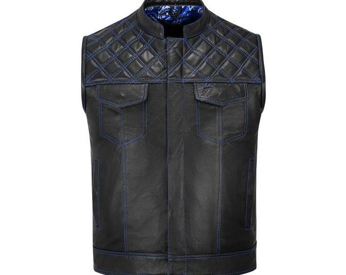 Featured listing image: black leather vest with blue stitching and a quilted shoulder design.