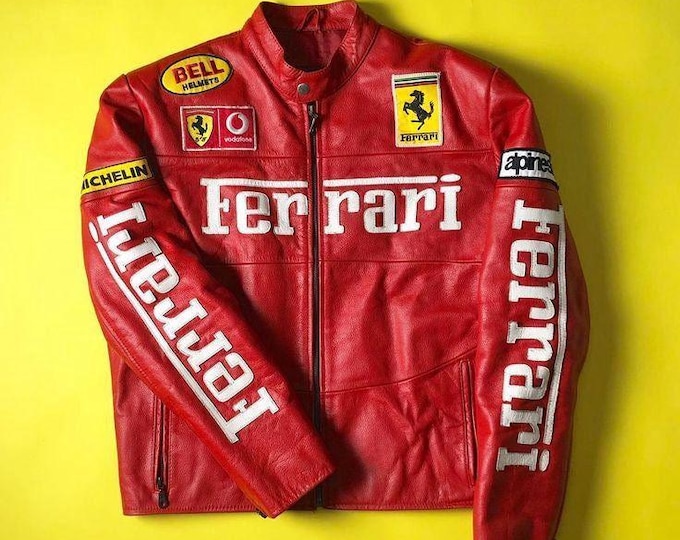 Featured listing image: Ferrari Red Leather Racing Jacket Vintage |F1 Motorsport Jacket | Alpinestars Bell Michelin