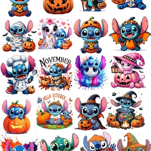 Puede incluir: Una colección de veinte ilustraciones digitales que presentan al personaje alienígena azul Stitch con varios disfraces de Halloween, incluyendo una momia, un vampiro, un chef y un zombi, rodeado de calabazas y decoraciones festivas.