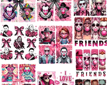 Halloween Horror PNG Bundle, Retro Halloween Spooky vibe png,Pink Cute Creepy Characters ,Horror Movie Inspired Designs, digital download